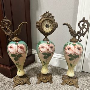 Antique Victorian 1800s Mantler ewers and clock